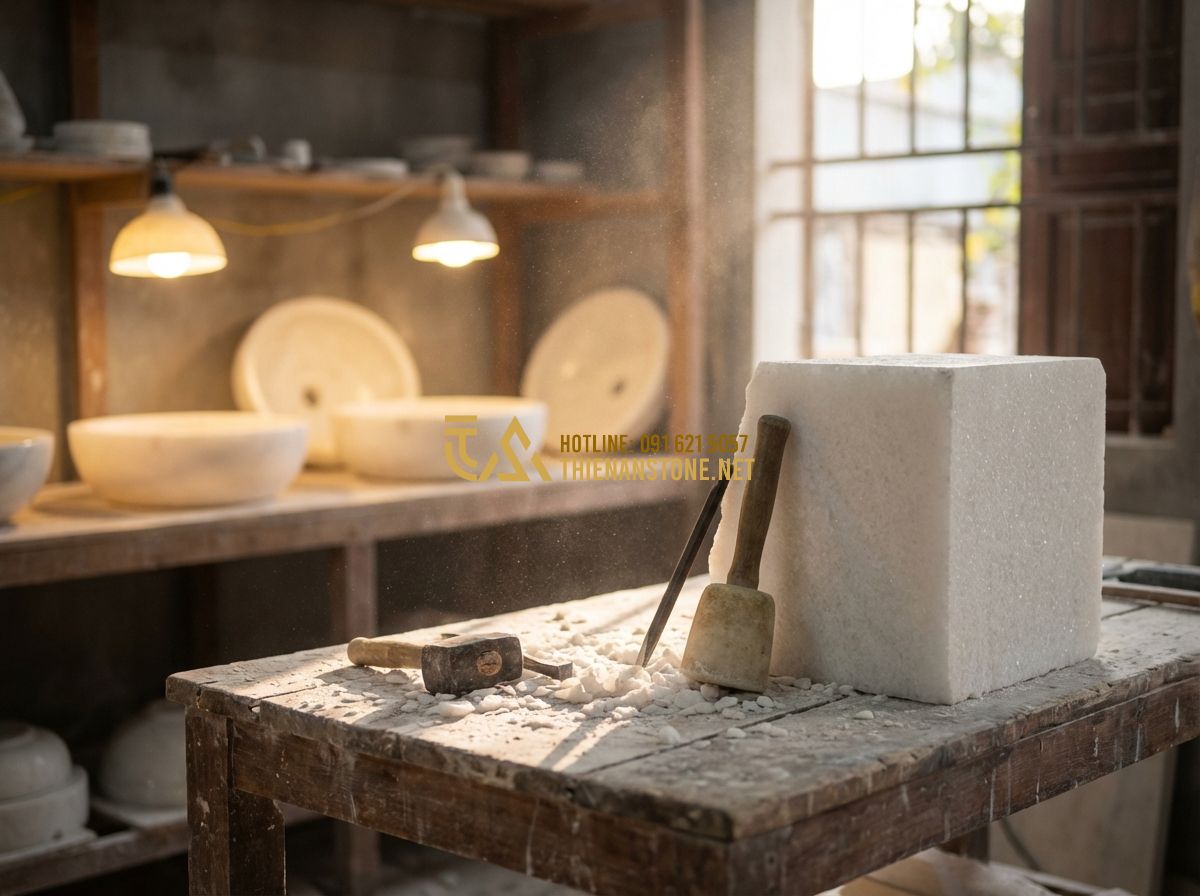 Xu Hướng Lavabo Đá Tự Nhiên 2024: Màu Đen, Trắng Và Đá Cuội Đang Hot Nhất - Hình 7 Xu Hướng Lavabo Đá Tự Nhiên 2024: Màu Đen, Trắng Và Đá Cuội Đang Hot Nhất - Tạo ảnh tiếng Anh: A cinematic shot of a skilled artisan in a traditional stone
