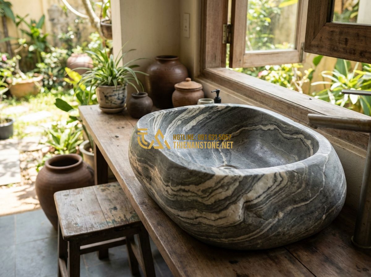 Xu Hướng Lavabo Đá Tự Nhiên 2024: Màu Đen, Trắng Và Đá Cuội Đang Hot Nhất - Hình 9 Xu Hướng Lavabo Đá Tự Nhiên 2024: Màu Đen, Trắng Và Đá Cuội Đang Hot Nhất - Tạo ảnh tiếng Anh: A heartwarming scene in a beautifully designed home. An elder