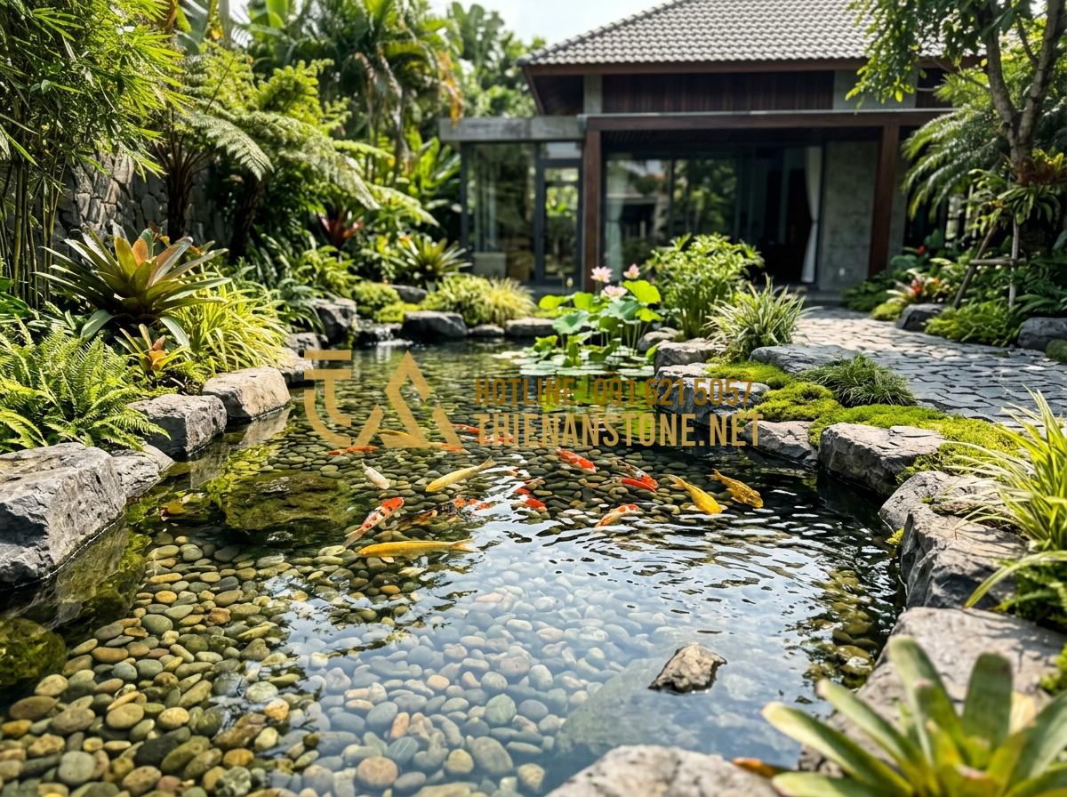 Xu hướng sử dụng đá cuội tự nhiên làm nắp hút đáy cho hồ cá sân vườn 2026 - Tạo ảnh tiếng Anh: A serene and modern garden Koi pond in 2026, featuring crysta