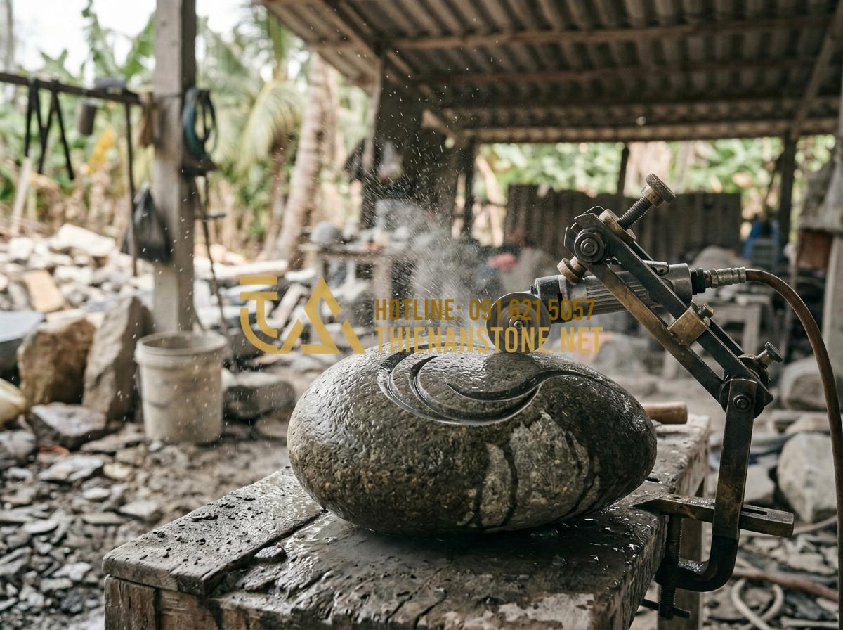 Xu hướng sử dụng đá cuội tự nhiên làm nắp hút đáy cho hồ cá sân vườn 2026 - Tạo ảnh tiếng Anh: A skilled stone craftsman at Thien An Stone workshop meticulo