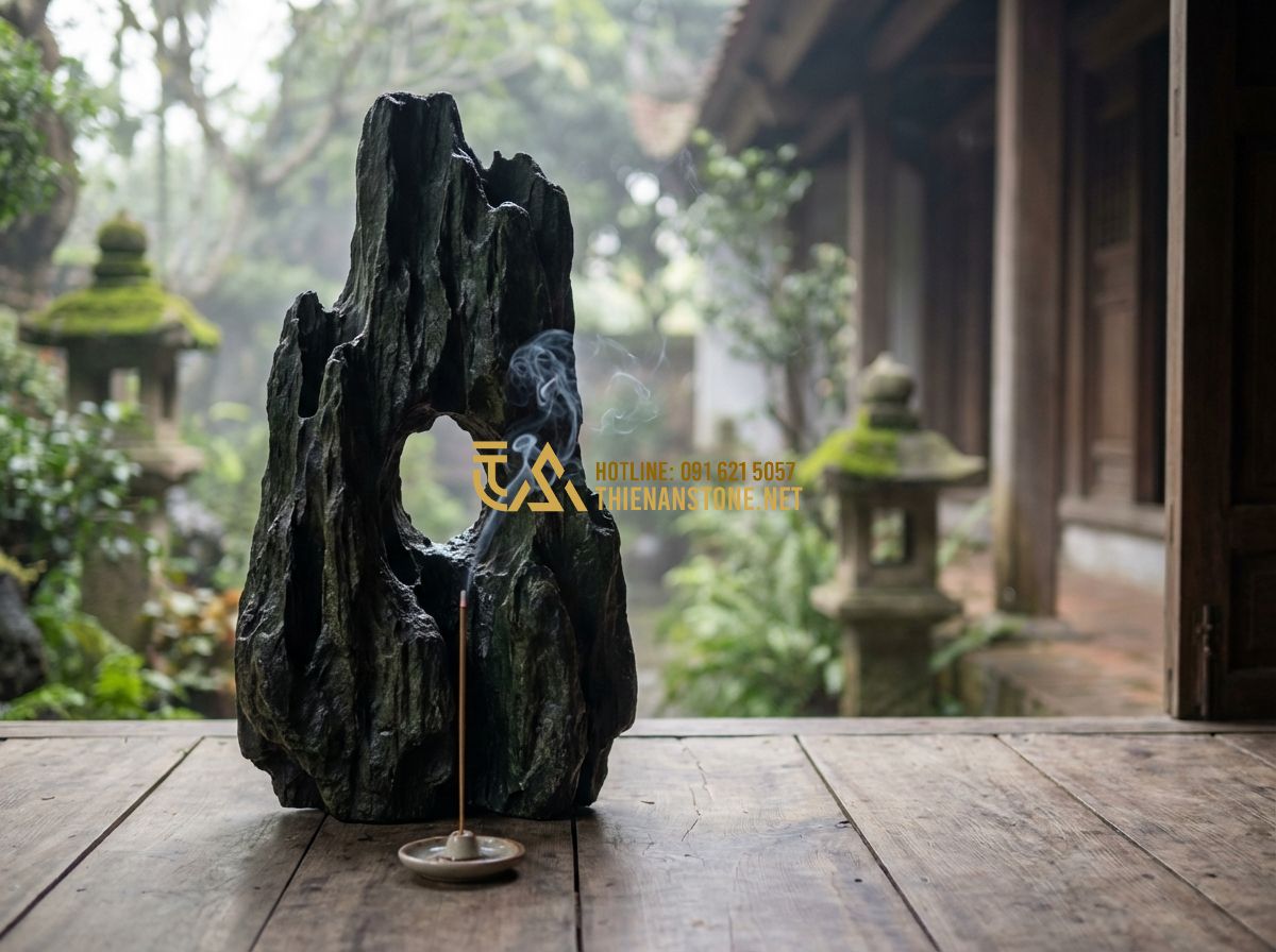 Xu Hướng Sử Dụng Đá Lũa Xanh Đen Trong Thiết Kế Non Bộ Hiện Đại 2024 - Hình 4 Xu Hướng Sử Dụng Đá Lũa Xanh Đen Trong Thiết Kế Non Bộ Hiện Đại 2024 - Tạo ảnh tiếng Anh: An artistic Zen-style composition featuring a single, standin