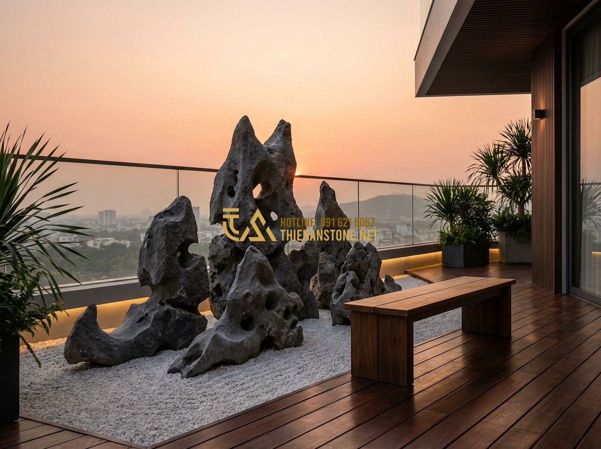Xu Hướng Sử Dụng Đá Tai Mèo Trong Thiết Kế Tiểu Cảnh Và Aquascape 2024 - Hình 2 Xu Hướng Sử Dụng Đá Tai Mèo Trong Thiết Kế Tiểu Cảnh Và Aquascape 2024 - Tạo ảnh tiếng Anh: A minimalist Zen garden on a luxury balcony, featuring vertic
