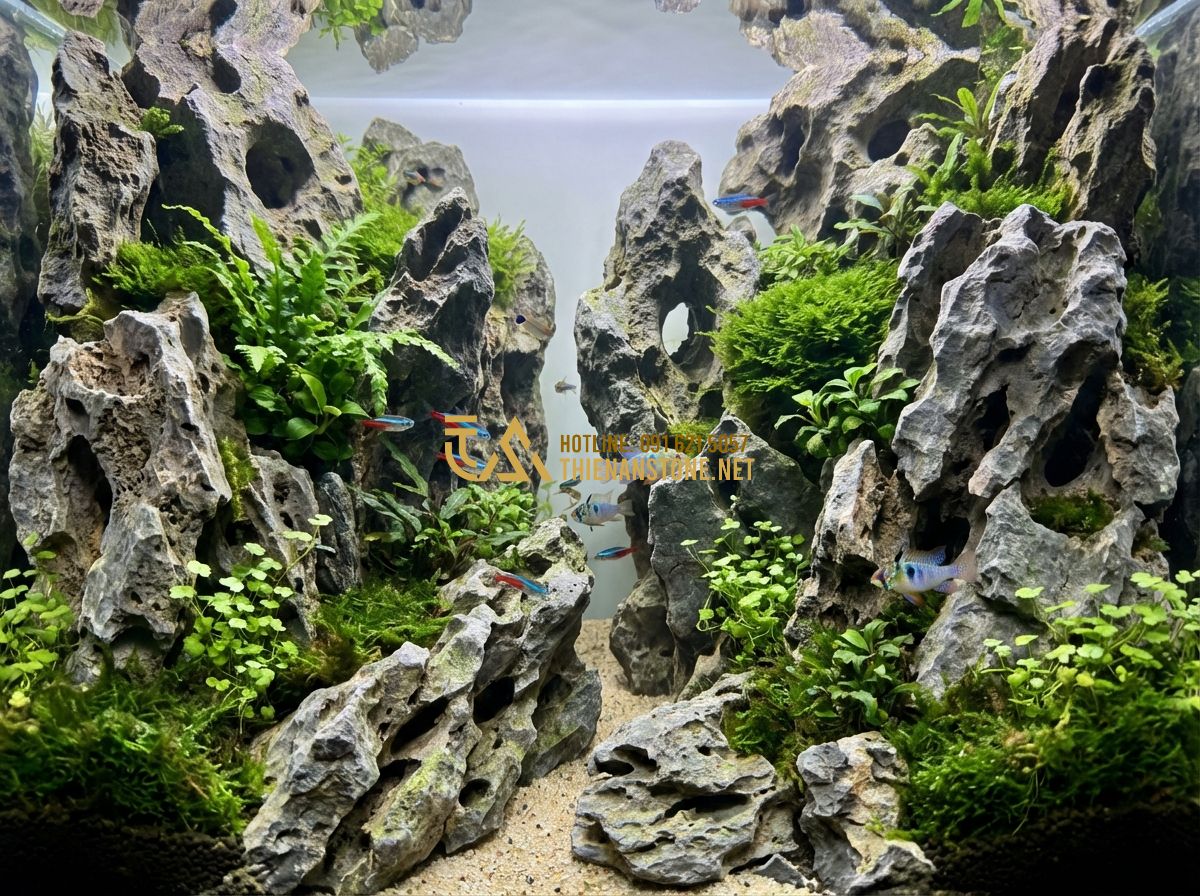 Xu Hướng Sử Dụng Đá Tai Mèo Trong Thiết Kế Tiểu Cảnh Và Aquascape 2024 - Hình 3 Xu Hướng Sử Dụng Đá Tai Mèo Trong Thiết Kế Tiểu Cảnh Và Aquascape 2024 - Tạo ảnh tiếng Anh: A detailed macro shot of an aquascape aquarium where cat ear