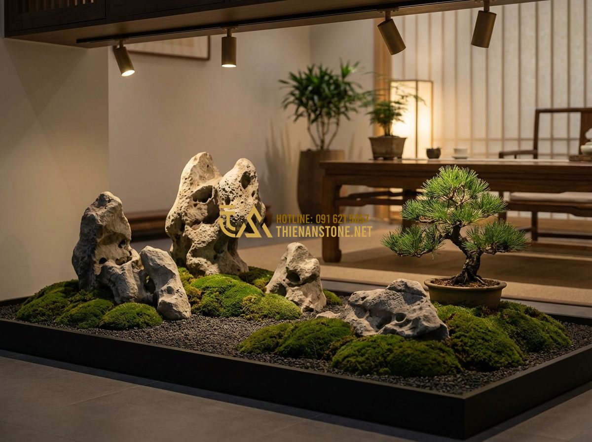 Xu Hướng Sử Dụng Đá Tai Mèo Trong Thiết Kế Tiểu Cảnh Và Aquascape 2024 - Hình 4 Xu Hướng Sử Dụng Đá Tai Mèo Trong Thiết Kế Tiểu Cảnh Và Aquascape 2024 - Tạo ảnh tiếng Anh: A beautiful indoor dry landscape display with large cat ear s