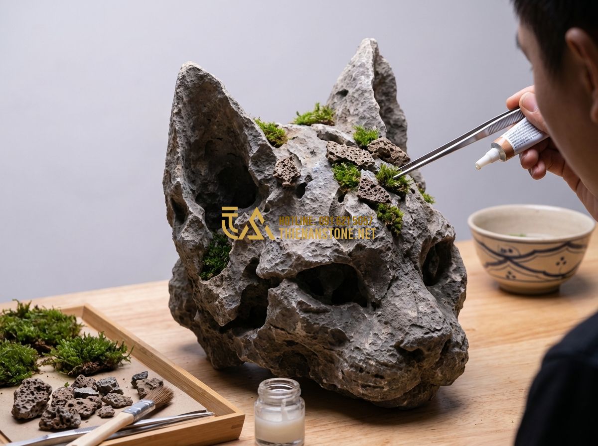 Xu Hướng Sử Dụng Đá Tai Mèo Trong Thiết Kế Tiểu Cảnh Và Aquascape 2024 - Hình 6 Xu Hướng Sử Dụng Đá Tai Mèo Trong Thiết Kế Tiểu Cảnh Và Aquascape 2024 - Tạo ảnh tiếng Anh: A professional aquascaper using tweezers and special adhesive