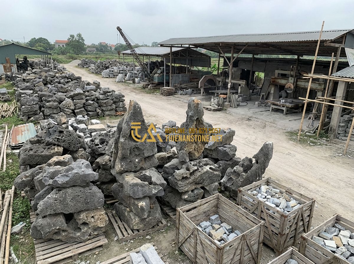 Xu Hướng Sử Dụng Đá Tai Mèo Trong Thiết Kế Tiểu Cảnh Và Aquascape 2024 - Hình 8 Xu Hướng Sử Dụng Đá Tai Mèo Trong Thiết Kế Tiểu Cảnh Và Aquascape 2024 - Tạo ảnh tiếng Anh: An impressive panoramic view of the Thien An Stone workshop,