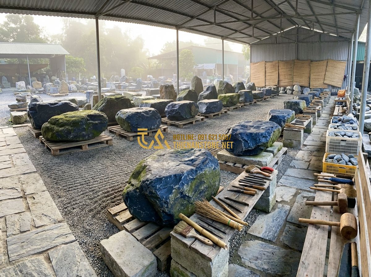 Xu Hướng Sử Dụng Đá Xanh Nhật Bản Trong Thiết Kế Sân Vườn 2024-2025 - Tạo ảnh tiếng Anh: A panoramic view of the Thien An Stone Craft Village workshop