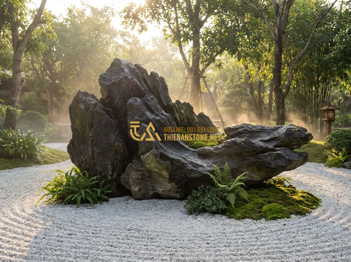 Xu Hướng Trang Trí Sân Vườn Bằng Đá Cảnh Tự Nhiên Phong Cách Nhật Bản 2025 - Tạo ảnh tiếng Anh: A serene Japanese Zen garden at dawn with large weathered nat