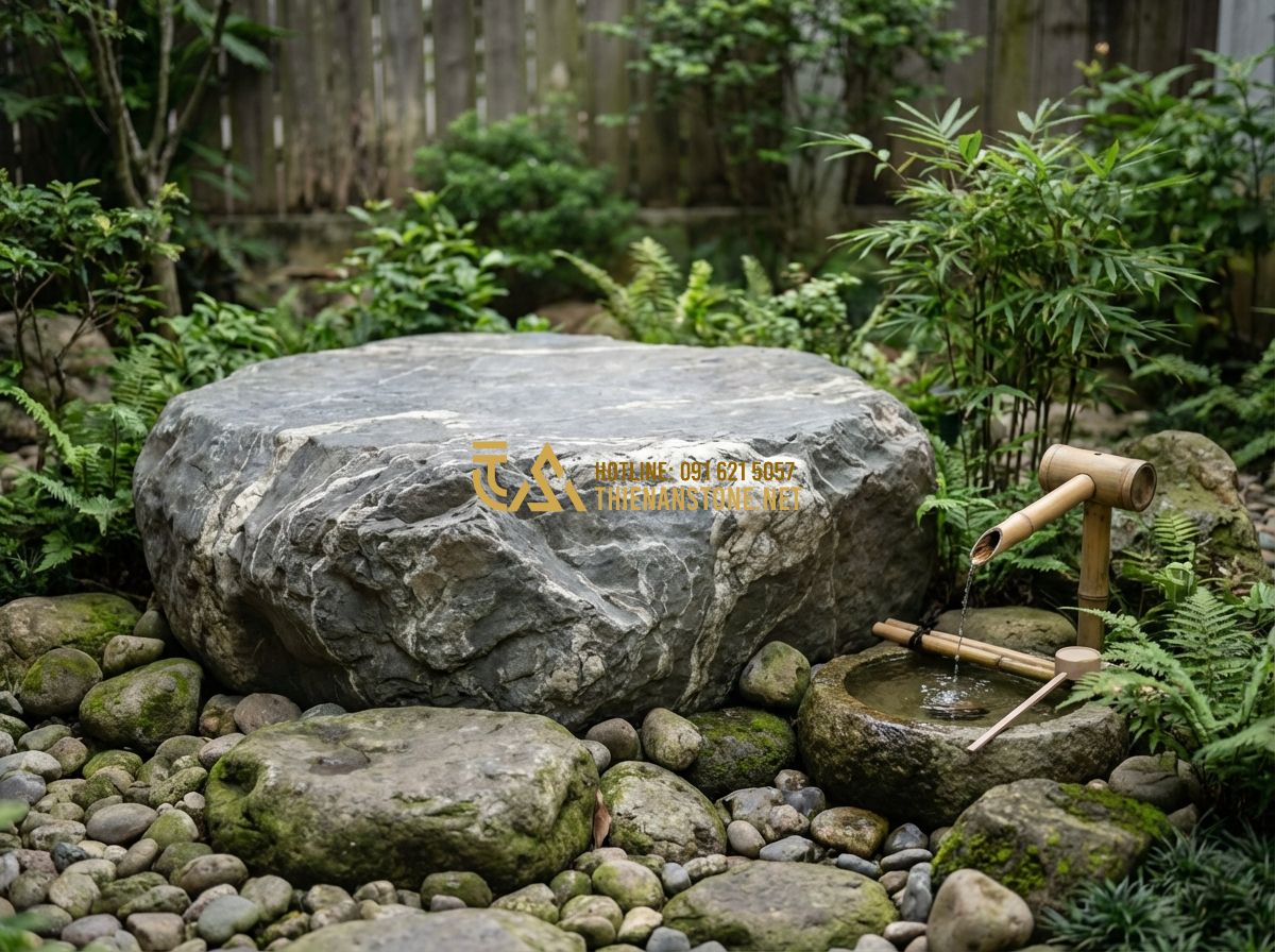 Xu Hướng Trang Trí Sân Vườn Bằng Đá Cảnh Tự Nhiên Phong Cách Nhật Bản 2025 - Tạo ảnh tiếng Anh: A peaceful outdoor meditation space featuring a large flat to