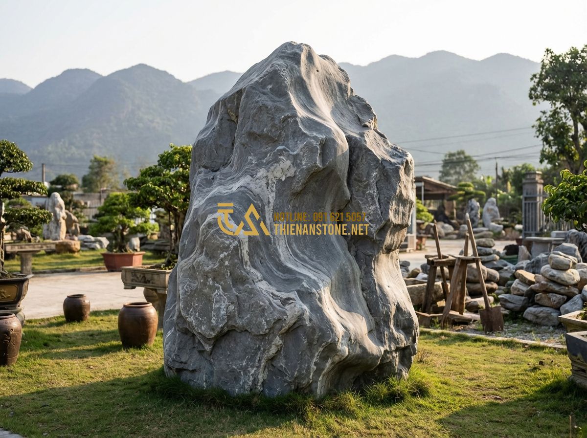 Xu Hướng Trang Trí Sân Vườn Bằng Đá Cảnh Tự Nhiên Phong Cách Nhật Bản 2025 - Tạo ảnh tiếng Anh: Skilled artisans at Thiên An Stone workshop carefully selecti