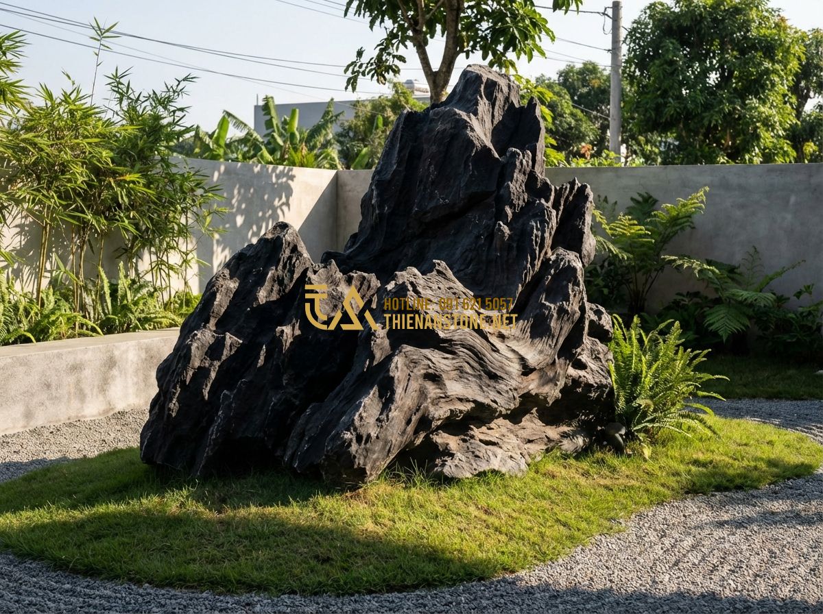 Xu Hướng Trang Trí Sân Vườn Bằng Đá Cảnh Tự Nhiên Phong Cách Nhật Bản 2025 - Tạo ảnh tiếng Anh: A minimalist modern garden layout with only three perfectly p
