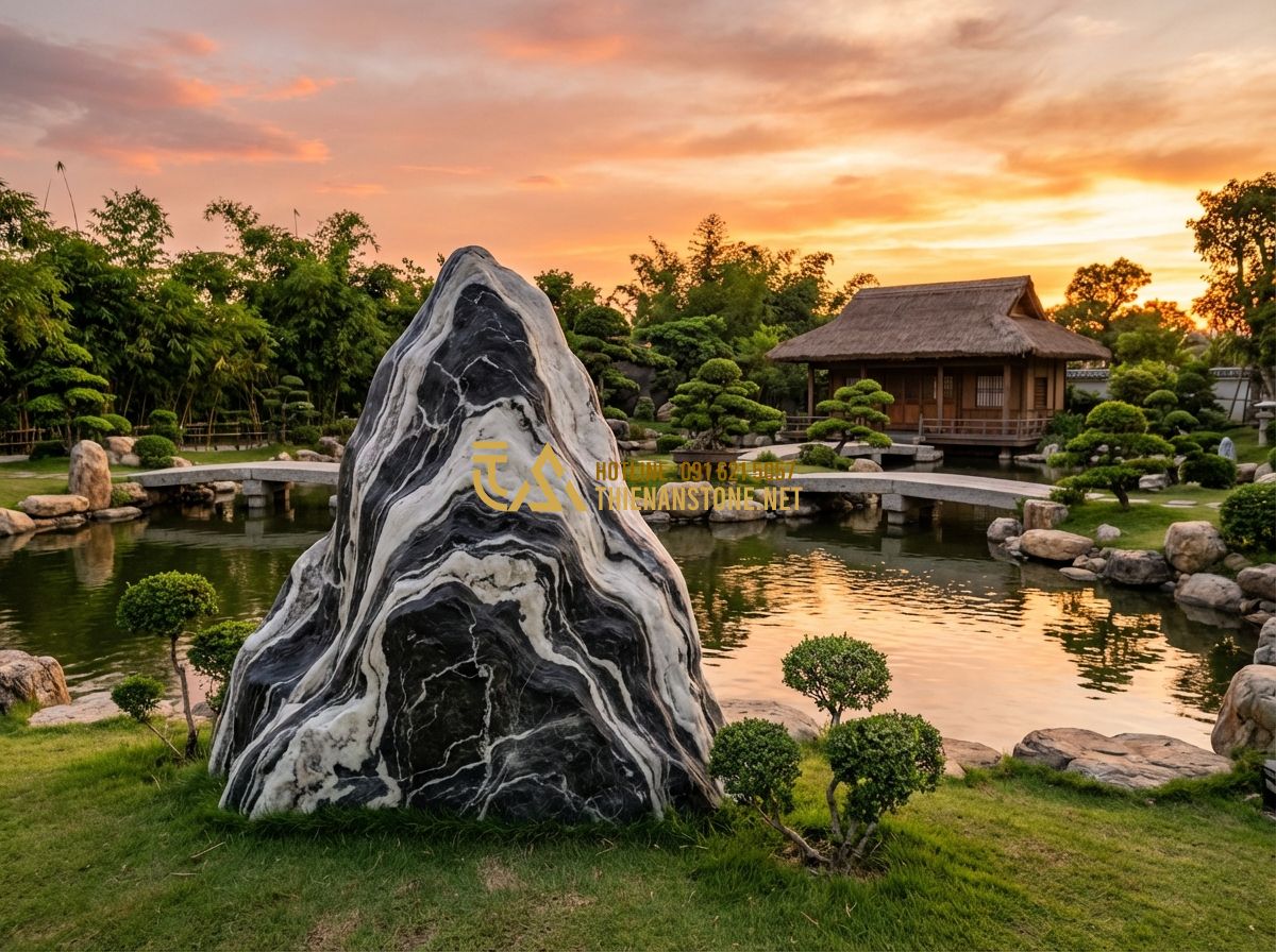 Xu Hướng Trang Trí Sân Vườn Bằng Đá Cảnh Tự Nhiên Phong Cách Nhật Bản 2025 - Tạo ảnh tiếng Anh: A panoramic view of a complete Japanese style garden at sunse
