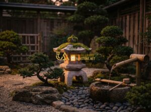 Xu Hướng Trang Trí Sân Vườn Bằng Đèn Đá Nhật Bản Năm 2024 - Tạo ảnh tiếng Anh: A high-end Japanese Zen garden at dusk, featuring a tradition
