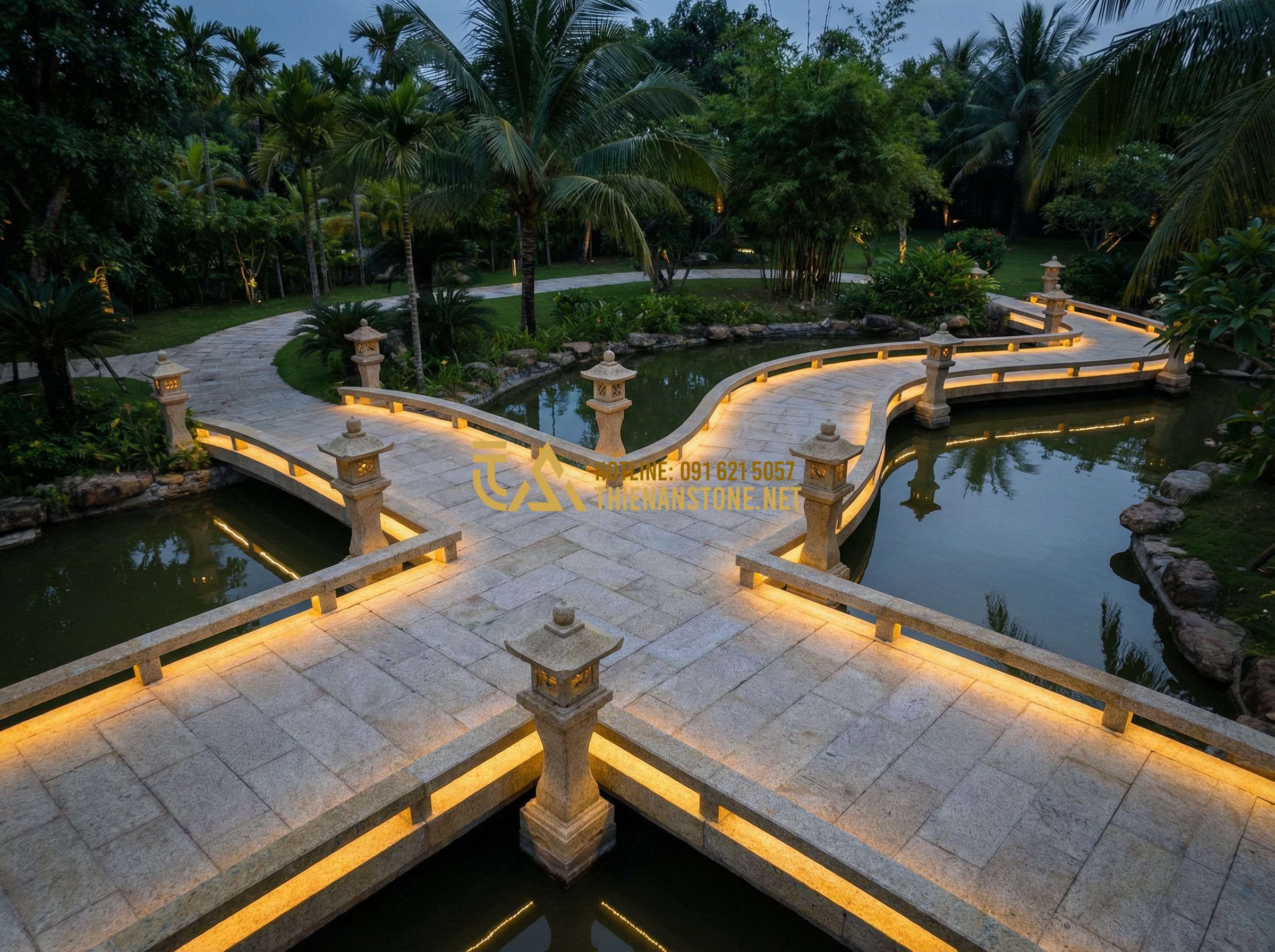 Xu Hướng Trang Trí Sân Vườn Bằng Đèn Đá Nhật Bản Năm 2024 - Hình 5 Xu Hướng Trang Trí Sân Vườn Bằng Đèn Đá Nhật Bản Năm 2024 - Tạo ảnh tiếng Anh: An aerial view of a luxury villa garden at night, showing the
