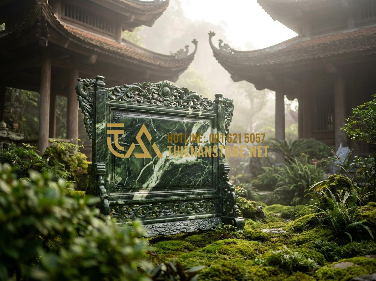 Ý Nghĩa Cuốn Thư Đá Bình Phong Trong Văn Hóa Tâm Linh Và Cách Đặt Chuẩn - Hình 2 Ý Nghĩa Cuốn Thư Đá Bình Phong Trong Văn Hóa Tâm Linh Và Cách Đặt Chuẩn - Wide angle shot of ancient Vietnamese spiritual stone screen cuon thu da as a be