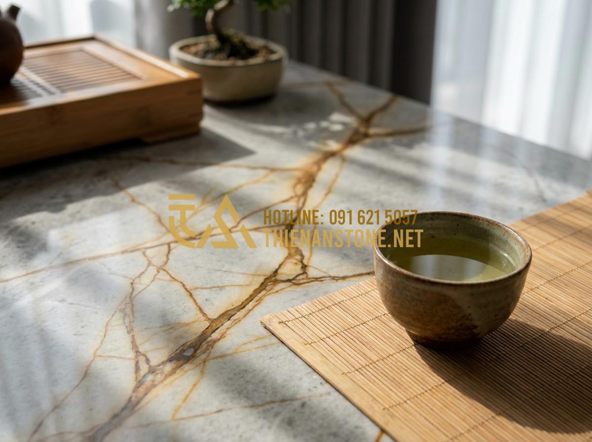 Ý nghĩa phong thủy của bàn trà bằng đá trong kiến trúc nhà ở - Hình 2 Ý nghĩa phong thủy của bàn trà bằng đá trong kiến trúc nhà ở - Tạo ảnh tiếng Anh: Close-up of a natural granite tea table surface showing intri