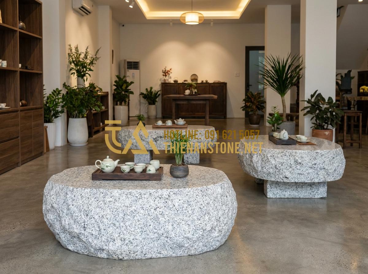 Ý nghĩa phong thủy của bàn trà bằng đá trong kiến trúc nhà ở - Hình 4 Ý nghĩa phong thủy của bàn trà bằng đá trong kiến trúc nhà ở - Tạo ảnh tiếng Anh: A collection of natural stone tea tables in different colors: