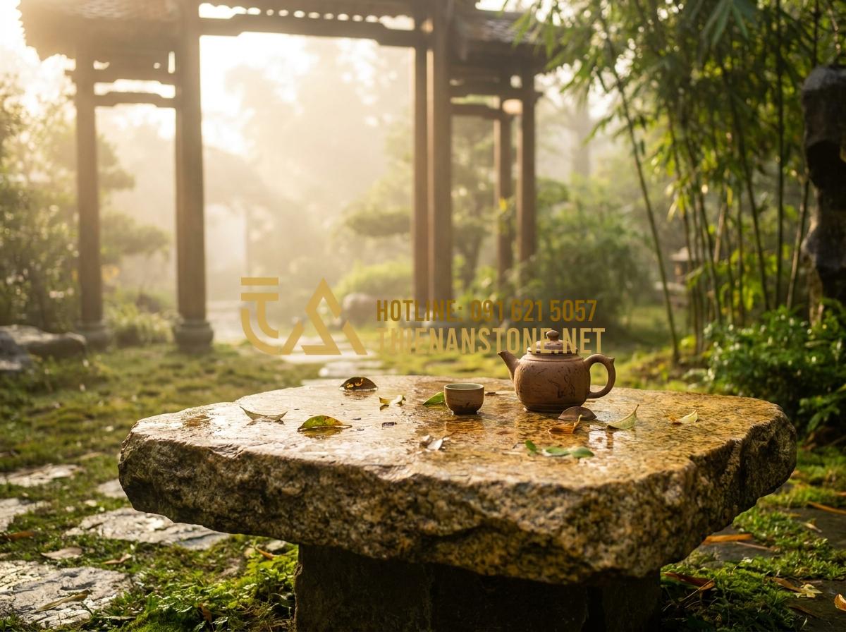 Ý nghĩa phong thủy của bàn trà bằng đá trong kiến trúc nhà ở - Hình 5 Ý nghĩa phong thủy của bàn trà bằng đá trong kiến trúc nhà ở - Tạo ảnh tiếng Anh: An elderly man sitting peacefully at a stone tea table in a m