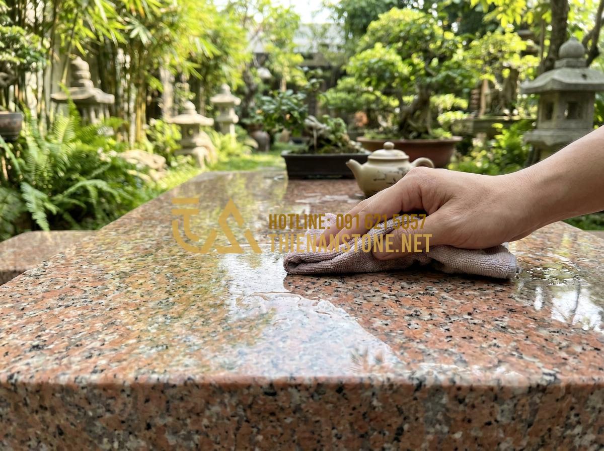 Ý nghĩa phong thủy của bàn trà bằng đá trong kiến trúc nhà ở - Hình 6 Ý nghĩa phong thủy của bàn trà bằng đá trong kiến trúc nhà ở - Tạo ảnh tiếng Anh: A person gently cleaning a polished stone tea table with a so