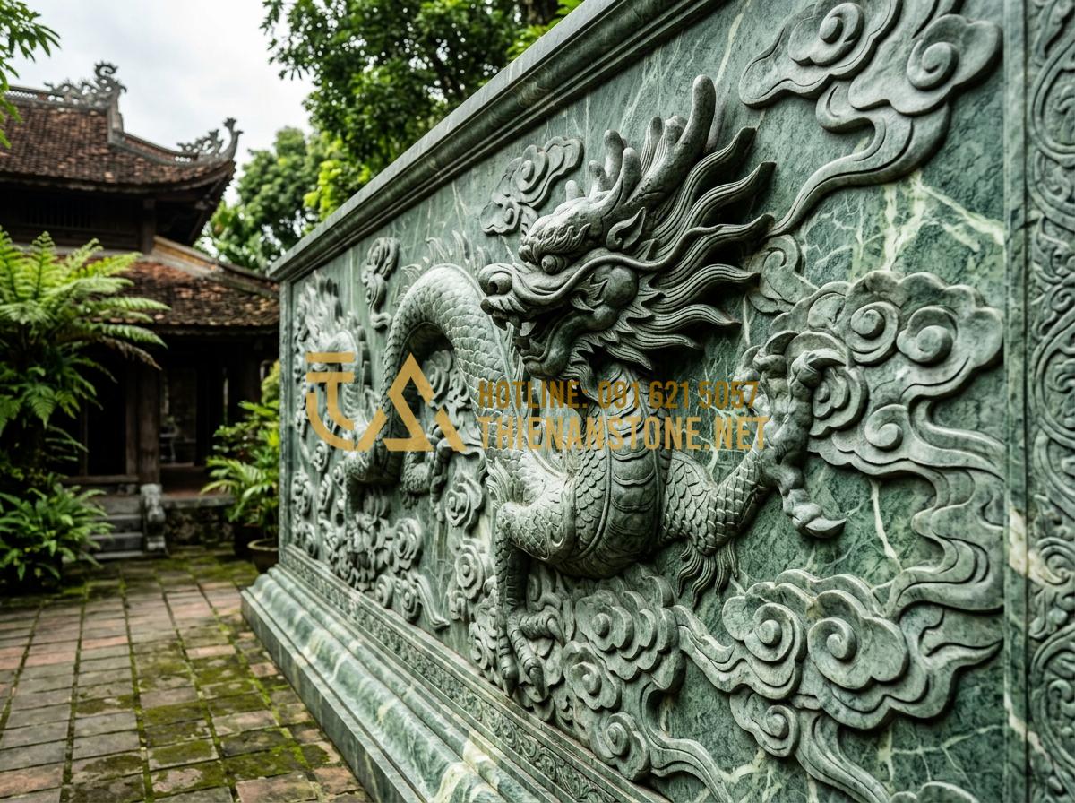 Ý nghĩa phong thủy của các mẫu phù điêu đá phổ biến bạn cần biết - Hình 6 Ý nghĩa phong thủy của các mẫu phù điêu đá phổ biến bạn cần biết - Tạo ảnh tiếng Anh: A majestic stone dragon relief carved with incredible detail