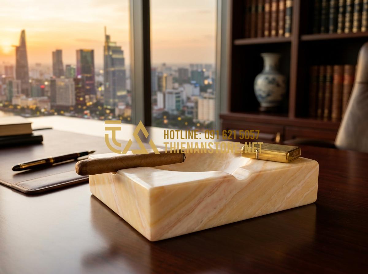 Ý nghĩa phong thủy của gạt tàn đá trên bàn làm việc của doanh nhân - Tạo ảnh tiếng Anh: Detailed close-up of a hand-carved marble ashtray on a busine