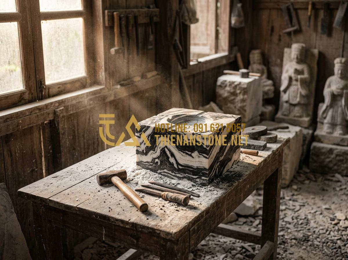 Ý nghĩa phong thủy của gạt tàn đá trên bàn làm việc của doanh nhân - Tạo ảnh tiếng Anh: An artistic shot of a stone artisan's workshop. A master craf
