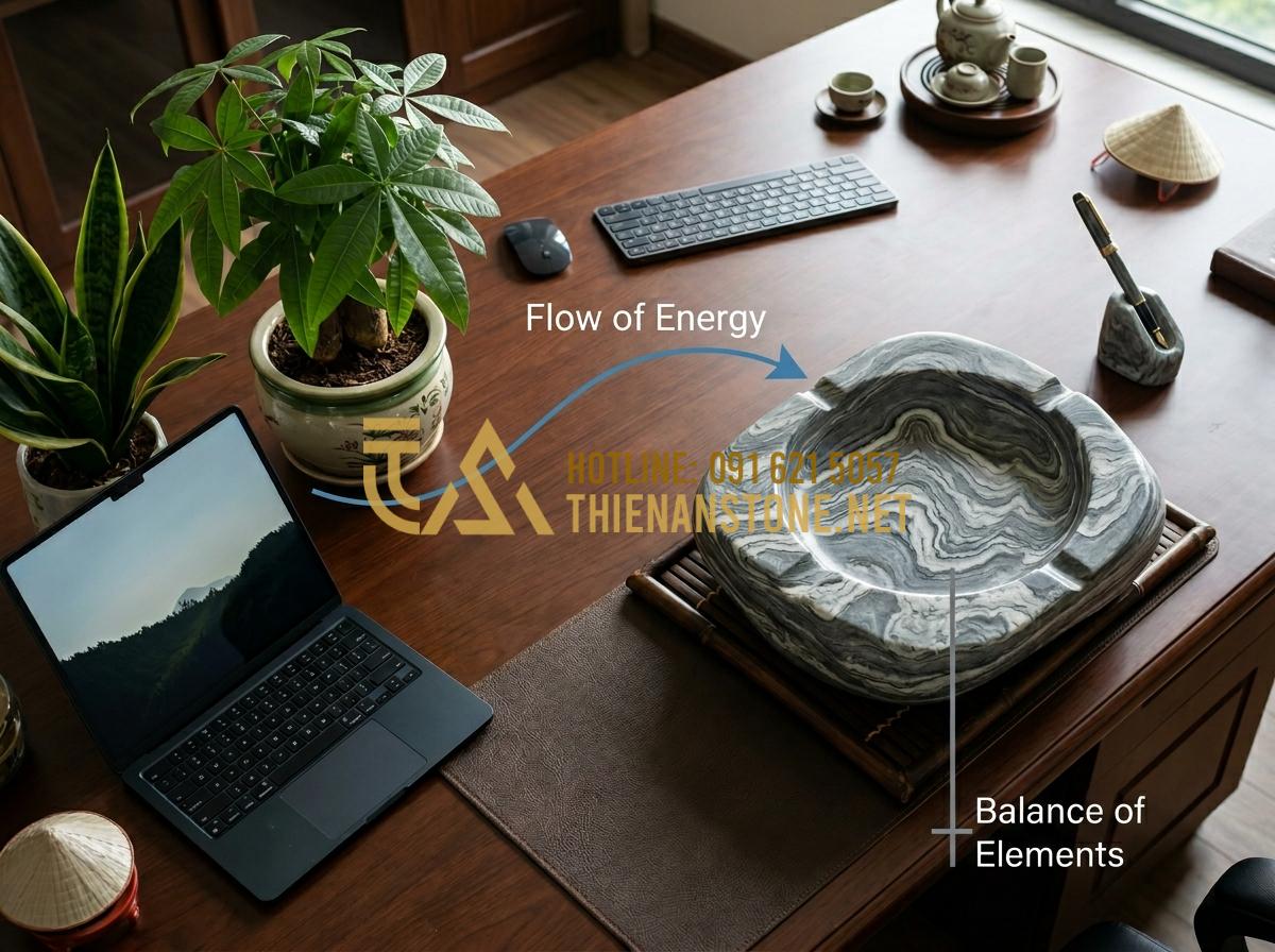 Ý nghĩa phong thủy của gạt tàn đá trên bàn làm việc của doanh nhân - Tạo ảnh tiếng Anh: Infographic style image showing a top-down view of a professi