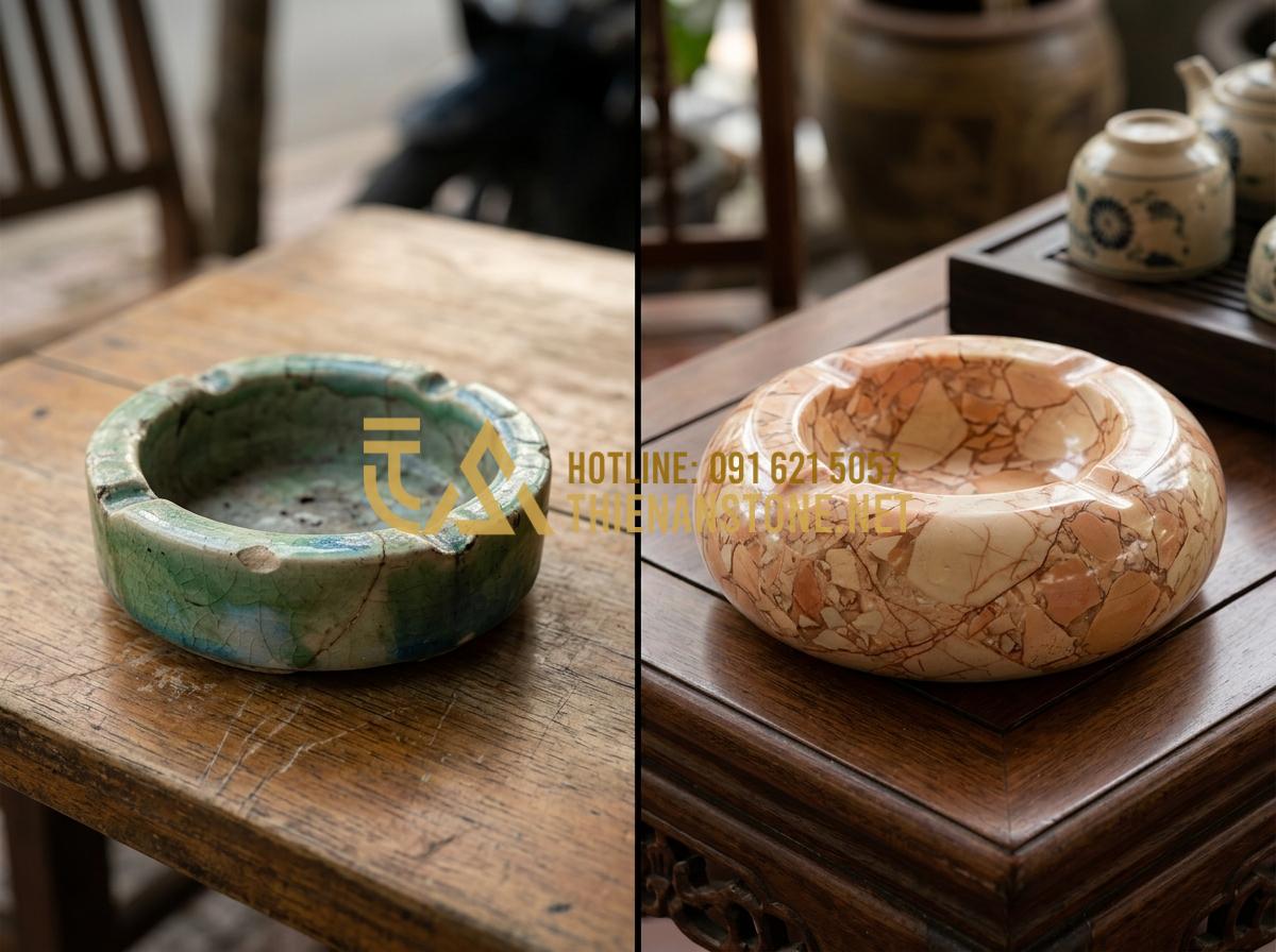 Ý nghĩa phong thủy của gạt tàn đá trên bàn làm việc của doanh nhân - Tạo ảnh tiếng Anh: A split-screen comparison visual. On the left side, a common