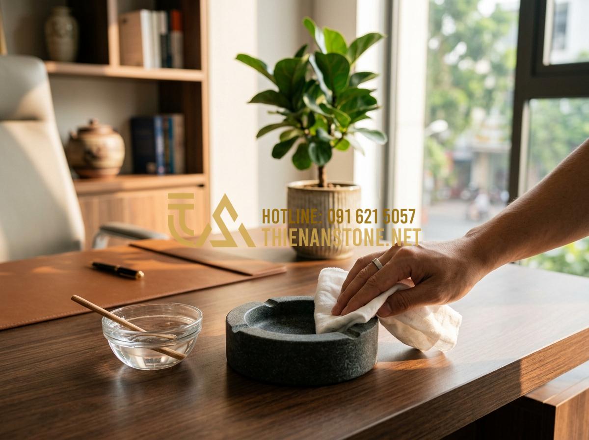 Ý nghĩa phong thủy của gạt tàn đá trên bàn làm việc của doanh nhân - Tạo ảnh tiếng Anh: A serene image showing a hand cleaning a polished marble asht