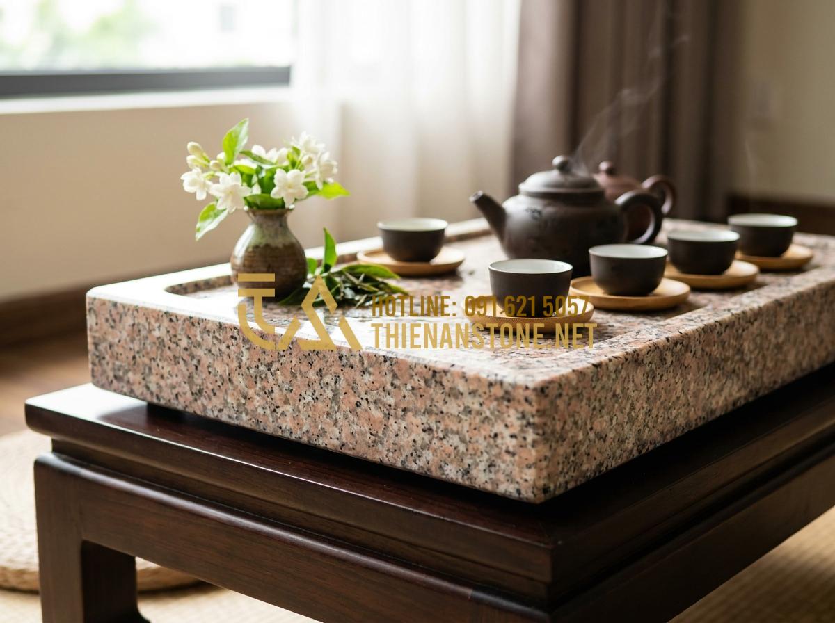 Ý Nghĩa Phong Thủy Của Khay Trà Đá: Cách Chọn Màu Đá Hợp Mệnh Gia Chủ - Close-up of a luxurious natural stone tea tray made from polished granite with i