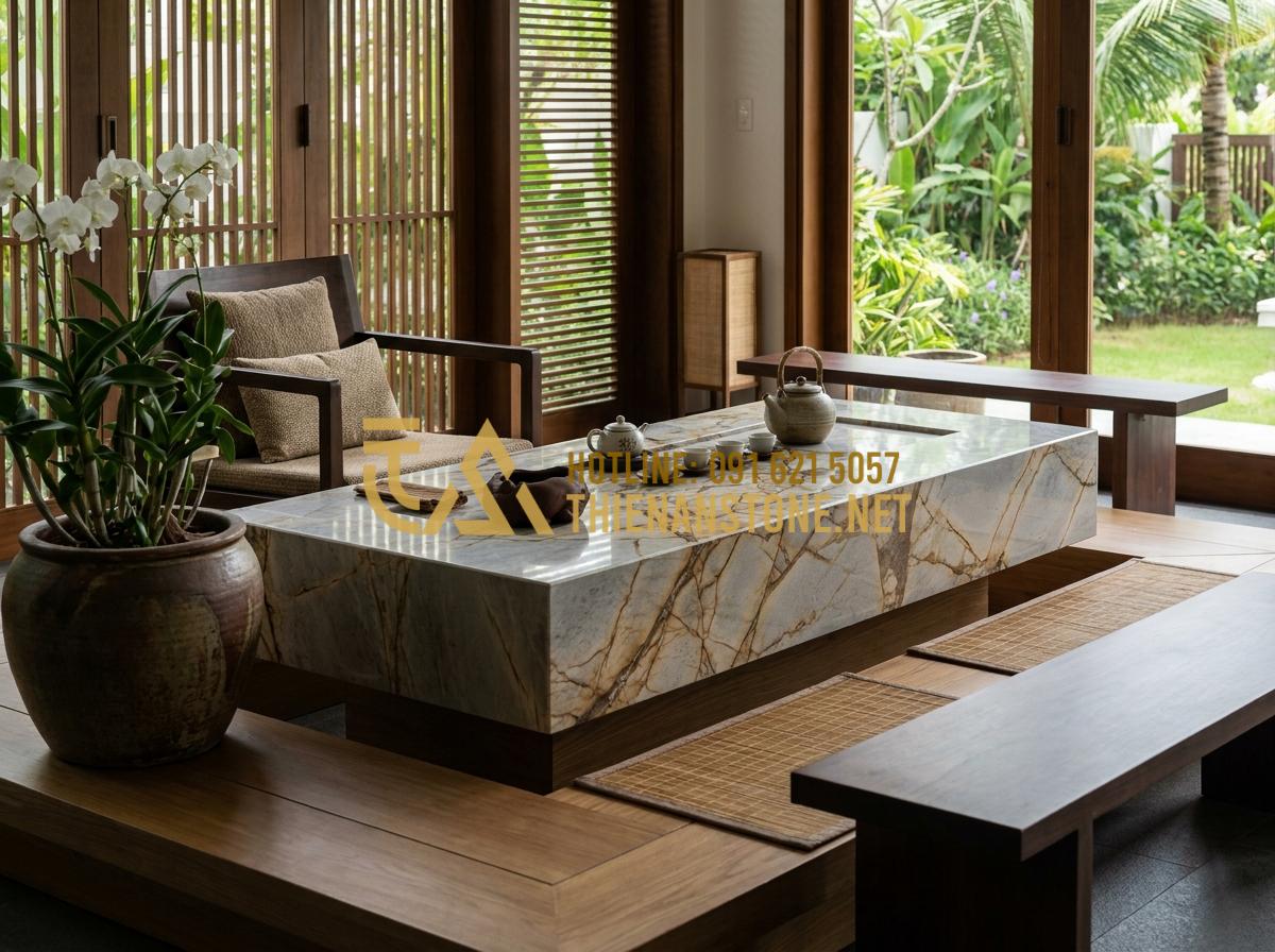 Ý Nghĩa Phong Thủy Của Khay Trà Đá: Cách Chọn Màu Đá Hợp Mệnh Gia Chủ - Stone tea tray integrated into luxury villa interior design with modern furnitur