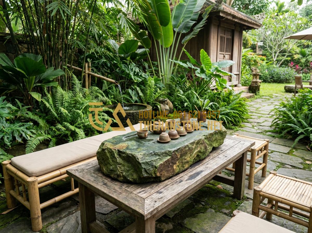 Ý Nghĩa Phong Thủy Của Khay Trà Đá: Cách Chọn Màu Đá Hợp Mệnh Gia Chủ - Outdoor stone tea tray setup in a resort garden with seating area, water element