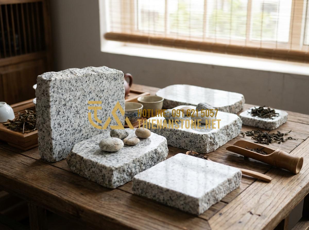 Ý Nghĩa Phong Thủy Của Khay Trà Đá: Cách Chọn Màu Đá Hợp Mệnh Gia Chủ - Collection of different natural stones used for tea trays including granite, mar