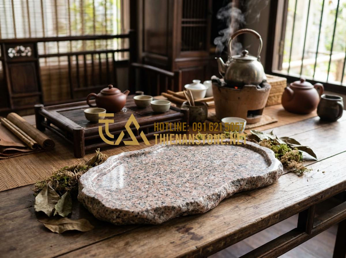 Ý Nghĩa Phong Thủy Của Khay Trà Đá: Cách Chọn Màu Đá Hợp Mệnh Gia Chủ - Beautiful natural river pebble stone tea tray with organic shape and earthy tone