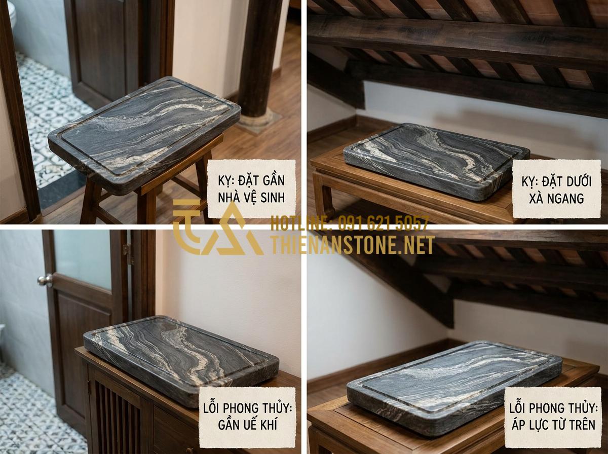 Ý Nghĩa Phong Thủy Của Khay Trà Đá: Cách Chọn Màu Đá Hợp Mệnh Gia Chủ - Incorrect placement examples of stone tea tray too close to bathroom or under be