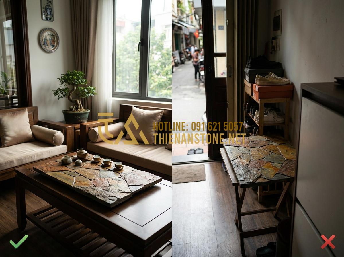 Ý Nghĩa Phong Thủy Của Khay Trà Đá: Cách Chọn Màu Đá Hợp Mệnh Gia Chủ - Comparison chart style image showing right vs wrong Feng Shui stone tea tray pla