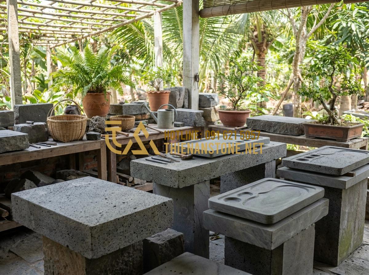 Ý Nghĩa Phong Thủy Của Khay Trà Đá: Cách Chọn Màu Đá Hợp Mệnh Gia Chủ - Team of experts at Thien An Stone working on custom stone tea trays for client p
