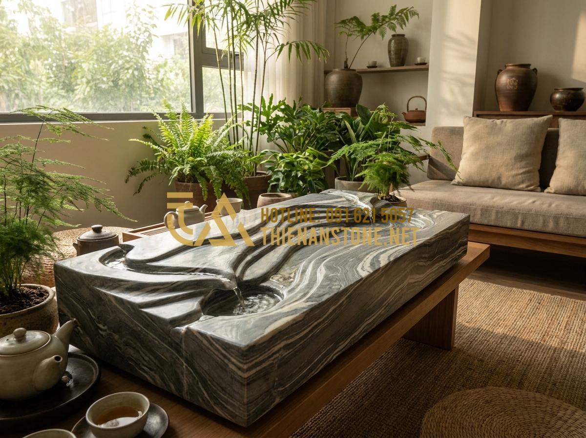 Ý Nghĩa Phong Thủy Của Khay Trà Đá: Cách Chọn Màu Đá Hợp Mệnh Gia Chủ - Elegant natural stone tea tray with flowing water feature in a modern Vietnamese