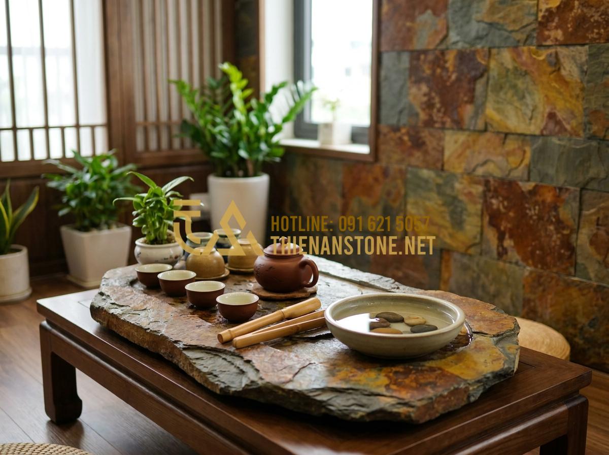 Ý Nghĩa Phong Thủy Của Khay Trà Đá: Cách Chọn Màu Đá Hợp Mệnh Gia Chủ - Traditional stone tea tray with tea ceremony setup in a Feng Shui optimized home