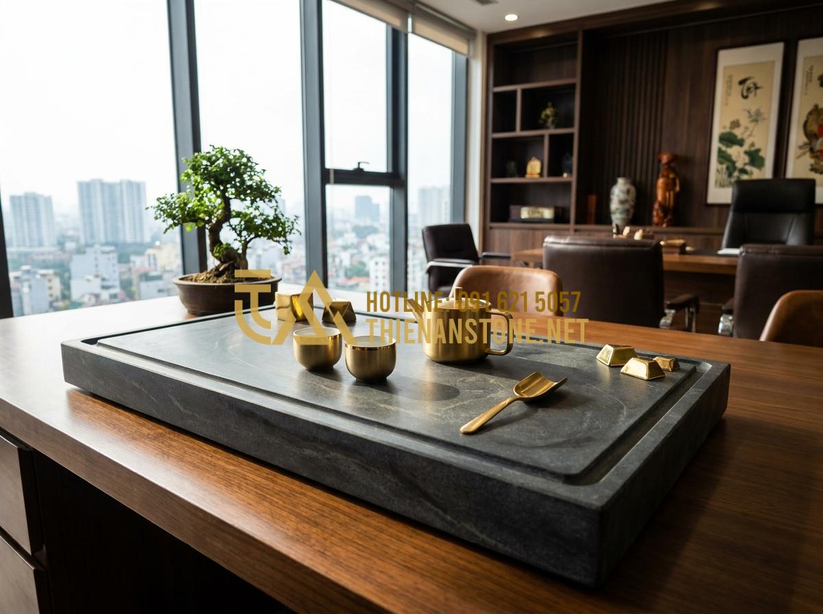 Ý Nghĩa Phong Thủy Của Khay Trà Đá: Cách Chọn Màu Đá Hợp Mệnh Gia Chủ - White and gray polished granite stone tea tray suitable for Metal element Feng S
