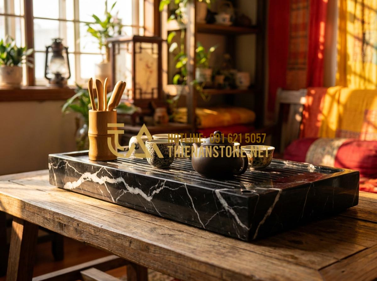 Ý Nghĩa Phong Thủy Của Khay Trà Đá: Cách Chọn Màu Đá Hợp Mệnh Gia Chủ - Reddish granite stone tea tray for Fire element, vibrant colors with warm lighti