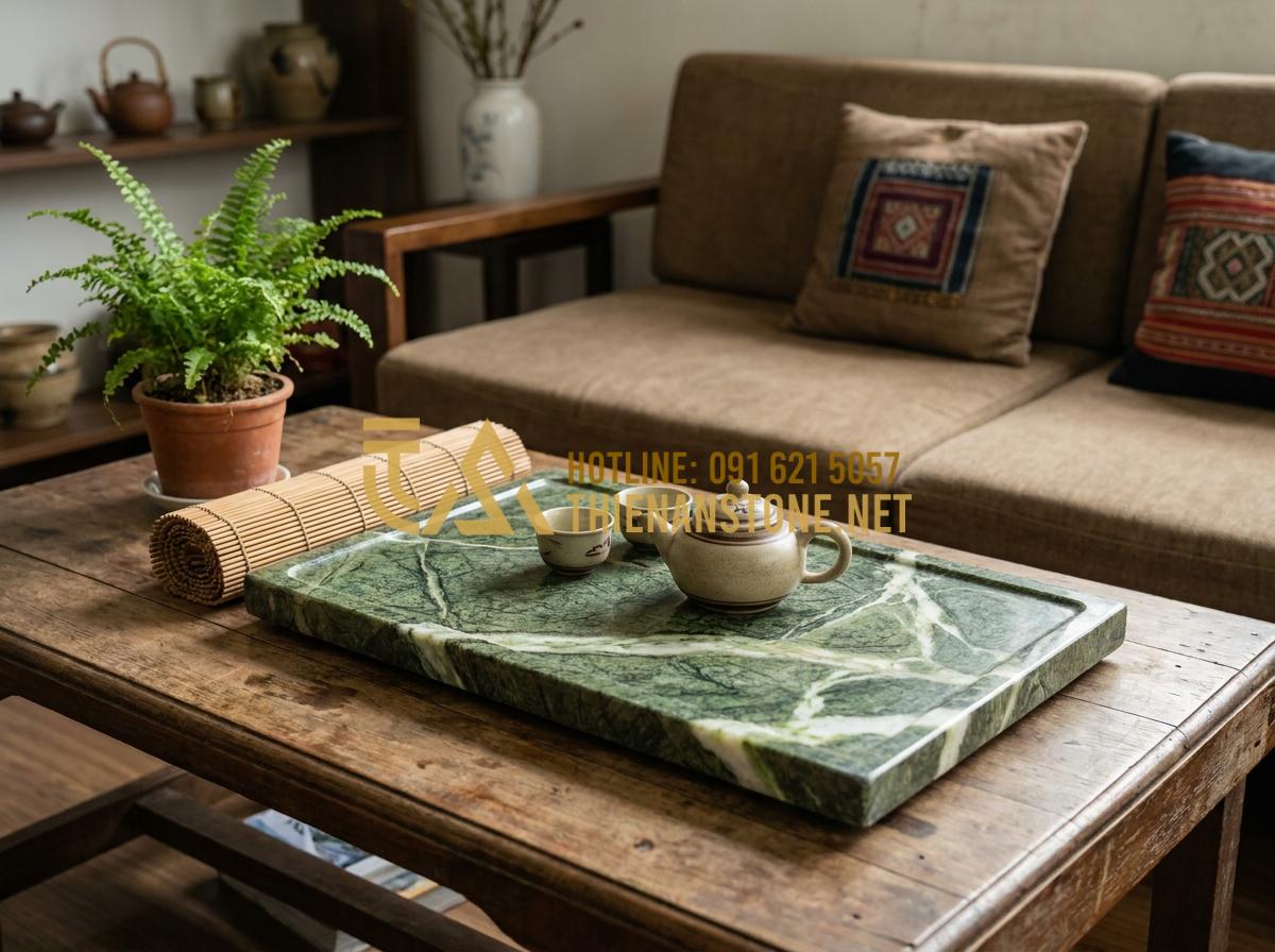 Ý Nghĩa Phong Thủy Của Khay Trà Đá: Cách Chọn Màu Đá Hợp Mệnh Gia Chủ - Earthy yellow and brown natural stone tea tray for Earth element, rustic design
