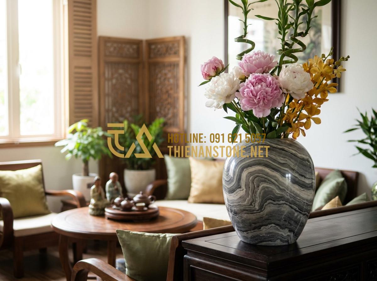 Ý Nghĩa Phong Thủy Của Lọ Hoa Đá: Cách Chọn Màu Đá Hợp Mệnh Thu Hút Tài Lộc - Luxurious natural stone flower vase in elegant Feng Shui living room with fresh