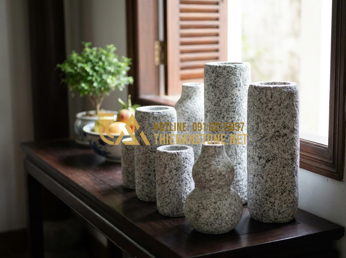 Ý Nghĩa Phong Thủy Của Lọ Hoa Đá: Cách Chọn Màu Đá Hợp Mệnh Thu Hút Tài Lộc - Multiple stone vases in harmonious colors displayed together for maximum luck an