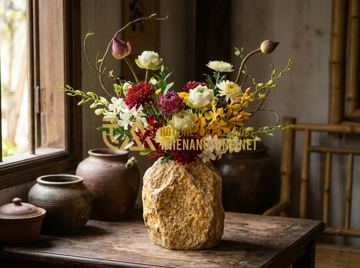 Ý Nghĩa Phong Thủy Của Lọ Hoa Đá: Cách Chọn Màu Đá Hợp Mệnh Thu Hút Tài Lộc - Artistic flower arrangement in stone vase demonstrating advanced Feng Shui flowe