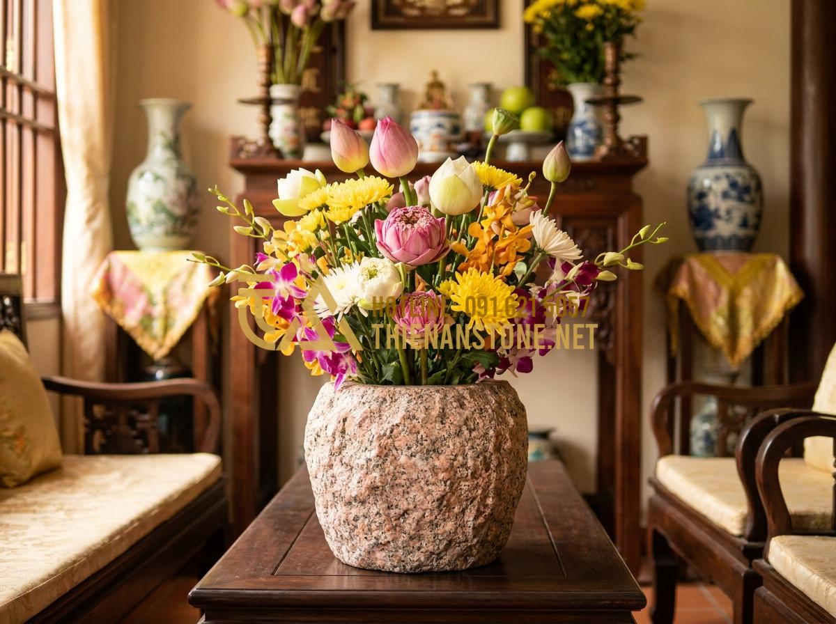 Ý Nghĩa Phong Thủy Của Lọ Hoa Đá: Cách Chọn Màu Đá Hợp Mệnh Thu Hút Tài Lộc - Beautifully arranged fresh flowers in decorative stone pot enhancing overall roo