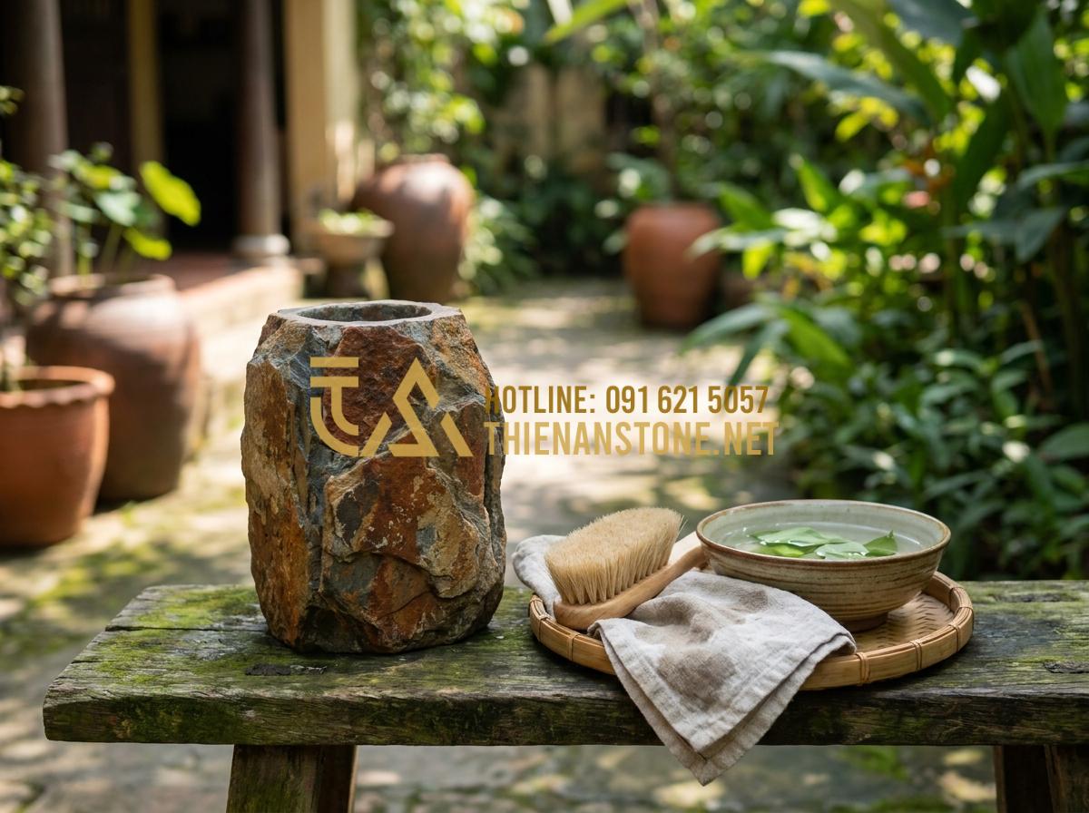 Ý Nghĩa Phong Thủy Của Lọ Hoa Đá: Cách Chọn Màu Đá Hợp Mệnh Thu Hút Tài Lộc - Maintenance tips showing cleaning and caring for stone flower vase to preserve p