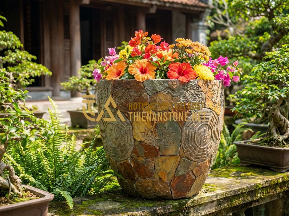 Ý Nghĩa Phong Thủy Của Lọ Hoa Đá: Cách Chọn Màu Đá Hợp Mệnh Thu Hút Tài Lộc - Detailed close-up of carved stone flower pot with symbolic Feng Shui patterns an
