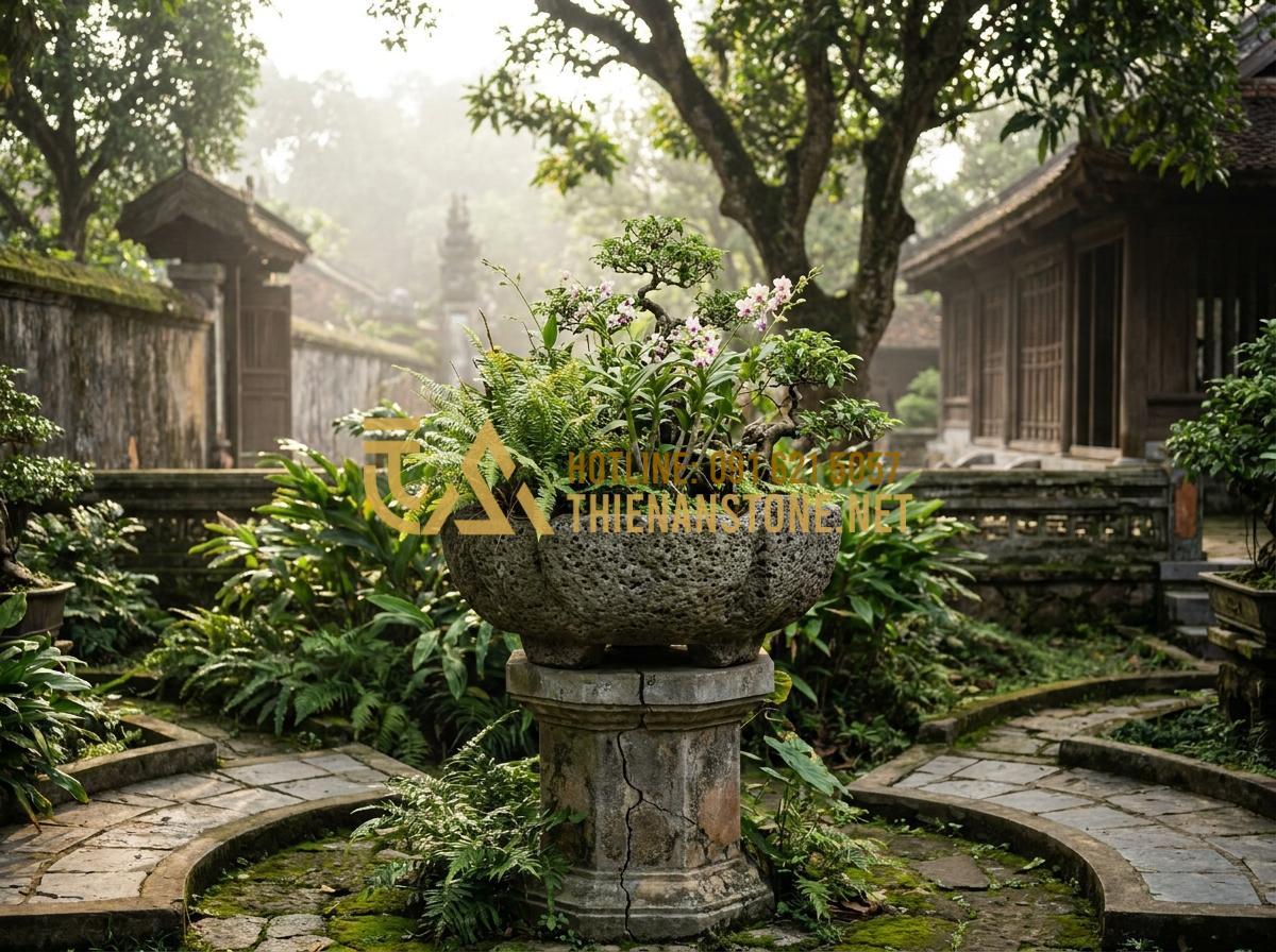 Ý Nghĩa Phong Thủy Của Lọ Hoa Đá: Cách Chọn Màu Đá Hợp Mệnh Thu Hút Tài Lộc - Vintage Vietnamese stone flower urn in historical palace garden illustrating tra