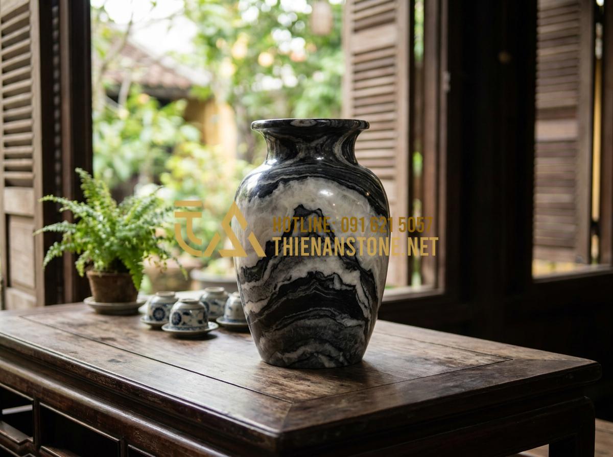 Ý Nghĩa Phong Thủy Của Lọ Hoa Đá: Cách Chọn Màu Đá Hợp Mệnh Thu Hút Tài Lộc - Greenish travertine stone vase ideal for Wood element personality enhancing grow
